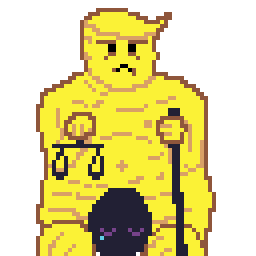 Pixel art of a naked fat man with terrible hair holding a tiny set of scales and a long walking stick, with a crying face of someone else between their legs.