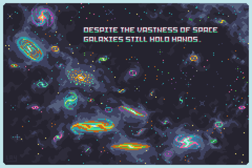 Pixelart drawing of "Markarian's Chain", a trail of galaxies in various sizes and shapes that stretches across space in a spiral, colorful stars fill the space between, the text at the top reads: "Despite The Vastness Of Space, Galaxies Still Hold Hands".