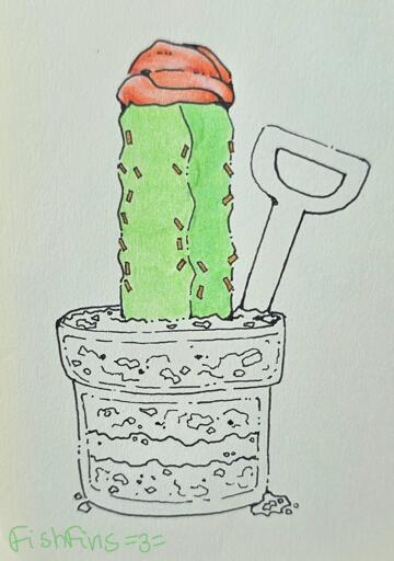 An ink drawing of a cactus-shaped dessert with a red flower made of whipped cream and spikes made of sprinkles. It's served in a glass cup shaped like a plant pot, with filling resembling dirt and a shovel-shaped spoon.