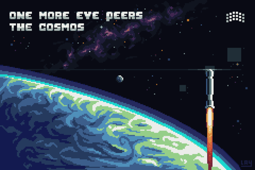 Nancy Grace Roman space telescope launch in pixelart, the telescope's second stage rocket is in earth orbit, the milky way and the moon crescent are showing in the starry background. Text at the top reads: "ONE MORE EYE PEERS THE COSMOS"
