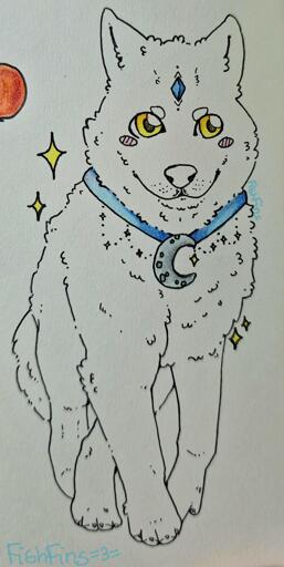 Ink drawing of a cute fluffy wolf walking with sparkles around it and a mystical moon and stars necklace, and a blue crystal on its forehead.