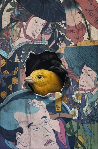 Yin Yang, acrylic on canvas by Eckart Hahn: a richly patterned collage of three stylized human faces—one near the top, one on the right, and one near the bottom—surrounding two central birds, one black and one gold. Leaves, flowers, and Asian-inspired decorative motifs appear as patterns on the figures’ clothing, in muted blue, green, pink and ochre.