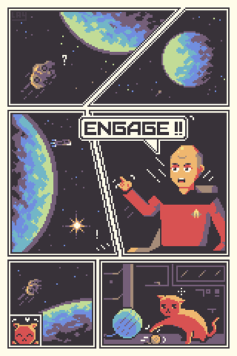 Single page pixelart comic strip, 
First panel shows Earth from space. Second panel is showing an astroid heading in a collision course with Earth,
Third panel shows Captain Picard shouting "Engage!!".
Fourth panel shows a spaceship in orbit beginning to fire its engines.
Fifth panel shows an orange cat moving a yarn ball away from another bigger one nearby.
The last panel shows the astroid moving away from Earth with a portrait of the cat smiling. 