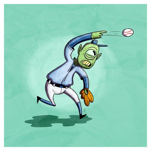A green, one-eyed alien wearing a baseball outfit is tossing a baseball to the right of the image. His outfit is shades of blue and his glove is brown. 