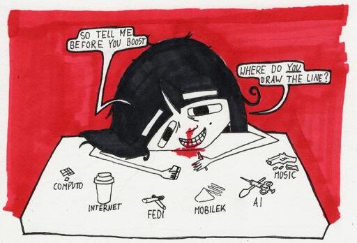 so tell me before you boost... where do YOU draw the line?; on the table: lsd(computo), coffee(internet), cigs(fedi), coke(mobilek), heroin(ai), gun(music)