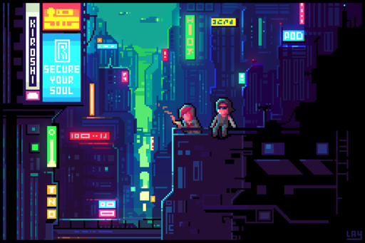 Pixelart drawing showing Johnny and V having a smoke on a rooftop during the final mission of Cyberpunk 2077, in the background tall skyscrapers with bright advertisements boards stretch to the horizon, Johnny is looking at a "Relic, secure your soul" sign infront, which casts a bright blue light on them.