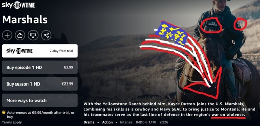 Screenshot of the TV show Marshals preview on  https://www.primevideo.com/detail/0L6EHGWD6NDPAO6VEZAM68BVYX/. "War on violence" is underlined in red, with an American flag resembling arrow pointing toward it. In the background, a U.S. marshal is riding a horse, and two U.S. Marshal badges are circled in red.